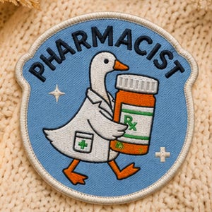 Embroidered Pharmacist Duck Patch, Funny Medical Rx Pill Bottle Badge, Iron-On Sew-On Applique
