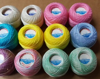 TATTING THREAD; crochet thread; Vintage; 12 balls, NOS, Coats & Clark, Sh. Green, Sh.Lav, Parakeet, Yellow, Pink, Ecru, Blue, pnk/blue pastl