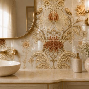 May include: A bathroom vanity area featuring a cream-coloured stone vessel sink, a gold faucet, and a wall covered in square tiles with embossed floral and leaf patterns in shades of beige, cream, and copper. A gold-rimmed mirror is mounted above.