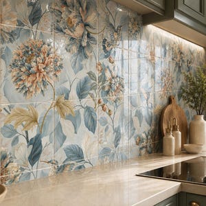 Könnte beinhalten: Ein Küchenrückwand-Fliesenspiegel aus quadratischen Keramikfliesen mit einem floralen Muster in Blau-, Creme- und sanften Pfirsichtönen. Das Design zeigt große blühende Blumen, detailliertes Blattwerk und kleine Vögel im botanischen Motiv.