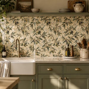 May include: A kitchen featuring sage green cabinets, a white farmhouse sink, and a backsplash with a botanical pattern of green leaves and dark olives. A brass faucet, a striped towel, and various kitchen utensils in a ceramic crock are visible.