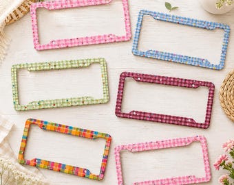 Cute Plaid License Plate Frame with Colorful Stars Pastel Car Tag Holder, Cute Coquette Auto Accessory, Girly Car Decor Gift for Women