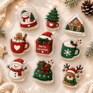 May include: A collection of nine acrylic Christmas-themed pins featuring a snowman in a globe, a tree in a mug, a gingerbread house, a gingerbread person in a mug, a gift box with Merry Christmas text, a cocoa mug, a snowman, a gift sack, and a reindeer.