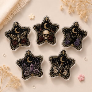 May include: Five star-shaped acrylic cases featuring black backgrounds with gold crescent moons and distinct illustrations: a moth with a skull, a human skull with red roses, a black cat with purple roses, purple crystals, and a potion bottle.