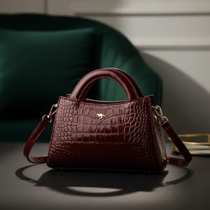 May include: A dark burgundy handbag with a glossy finish and a textured crocodile skin pattern. The bag features two rounded top handles, a detachable shoulder strap with gold-toned metal hardware, and a small gold kangaroo logo on the front.