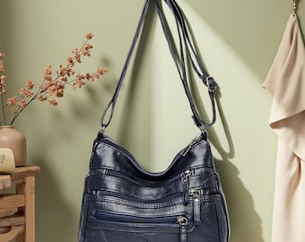 Hobo-Tasche aus weichem PU-Leder, Umhängetasche mit mehreren Fächern, geflochtener Riemen