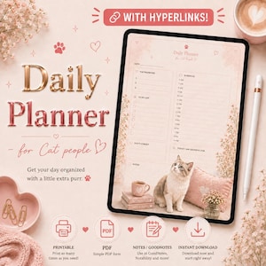 Könnte beinhalten: Ein digitaler Tagesplaner für Katzenliebhaber auf einem Tablet-Bildschirm mit Zeitplan, Aufgabenliste und Notizbereich. Die Benutzeroberfläche enthält eine Katzenillustration, florale Akzente und den Text Daily Planner for Cat People.