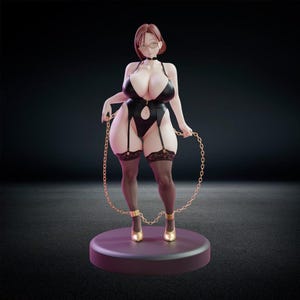May include: A collectible figurine of a character with short brown hair and glasses, wearing a black bodysuit with a choker, black lace-trimmed stockings, and gold heels. The figure holds a gold chain connected to gold ankle cuffs on a base.