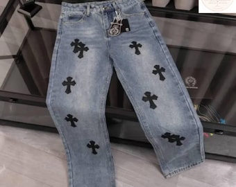 Pantalones vaqueros holgados con parches cruzados para hombre / Pantalones vaqueros de estilo urbano / Pantalones vaqueros informales de pierna ancha