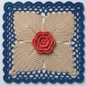 Puede incluir: Un tapete de ganchillo cuadrado con un centro beige de cuatro patrones en forma de hoja, un borde festoneado azul oscuro con un diseño de malla calada y una flor tridimensional de color coral centrada en la superficie de la pieza textil.