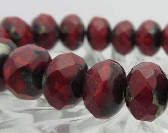 Czech Glass Marbled GARNET RED Rondelles (  3x5mm , 30 Beads ) Valentines every day!