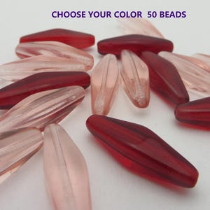 x Fifty Bead Qty  Choose Color Czech Glass Beads Vintage Transparent PINK  or Cherry Red Glass beads, 24x9mm , Jewelry Design, Sun Catcher