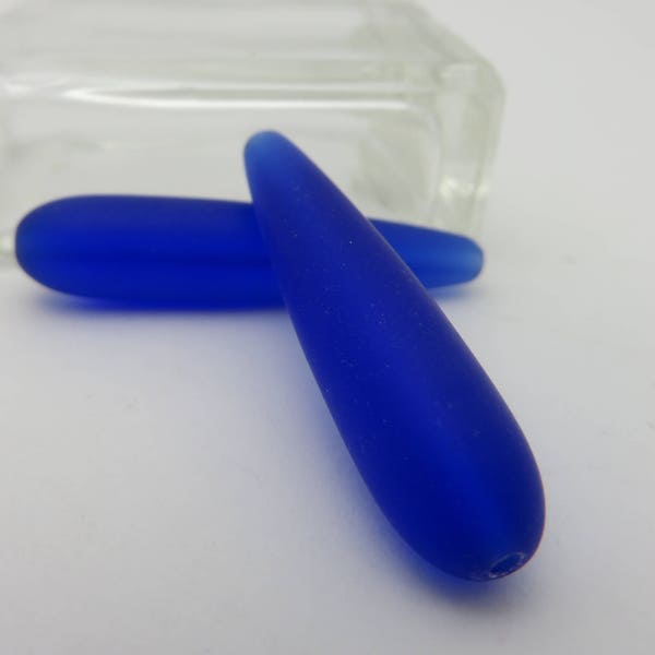 COBALT BLUE Sea Glass Style Recycled Glass 38X8mm Teardrop Center Drilled  ( 5 Beads )  Beach Jewelry Design, Victorian Design!