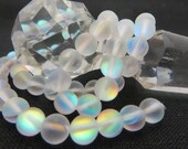 Mystic Aura Quartz, Holographic, Mermaid Beads, White Matte MOONLIGHT AURA QUARTZ 6mm Round Beads 8 inch Strand 32 Beads Rainbow Shimmer