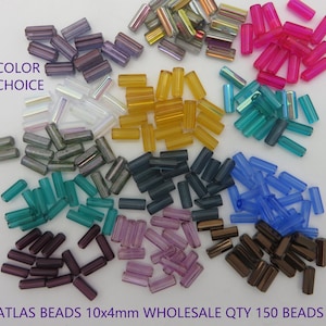 May include: Assortment of 150 glass beads in various colors, including purple, teal, blue, brown, gold, and white. The beads are 10mm long and 4mm wide.  "COLOR CHOICE" is written on the image.
