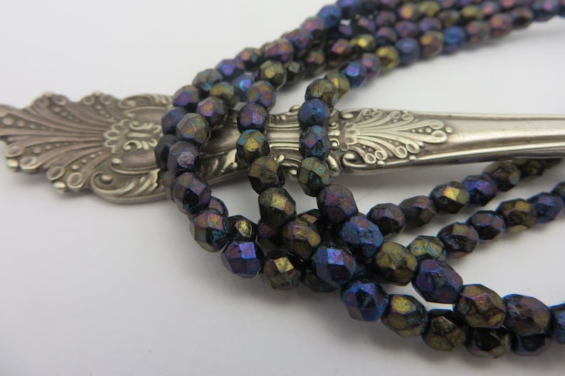 50 Bead Strand Luxe CZECH Glass 4mm Faceted Exotic Black with Metallic Shimmer