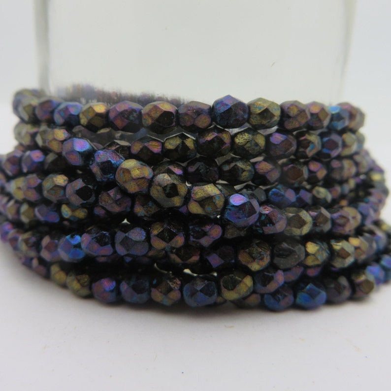 50 Bead Strand Luxe CZECH Glass 4mm Faceted Exotic Black with Metallic Shimmer