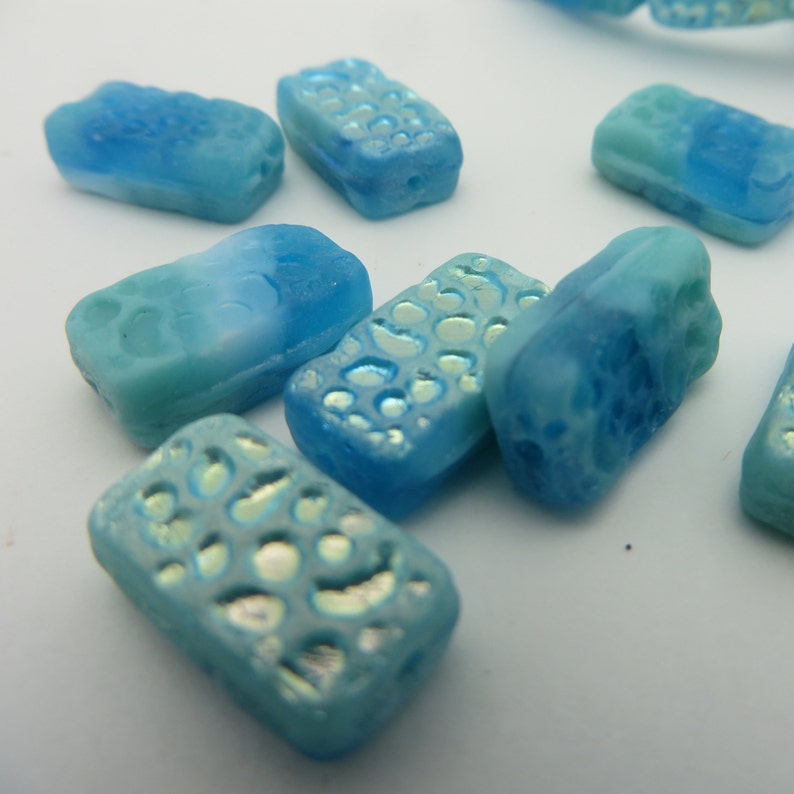 4 Beads Czech Glass Oceanside Mist Matte Glass Beach Beads 14mmx9mmx6mm BricksTiles Mosaic