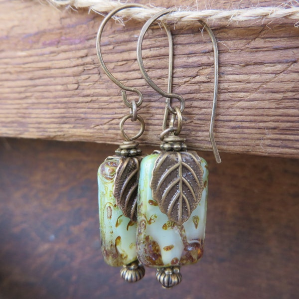 Czech Rustic Carved Rectangle in soft mint with Picasso finish  and Antique Bronze  Leaf dangle EARRINGS