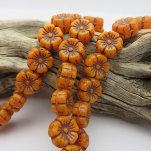 FINAL QTY  35 Beads  Czech Glass 8mm Itsy Flower Beads PUMPKIN Orange  with Brown Wash Bracelet Design Beads, Dangle Charm Beads !