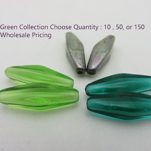 Choose Green Vintage Czech Glass Beads 24x9mm Lantern Beads, Create Jewelry or Sun Catchers Bead  Choose  10, 50, or  150 Beads