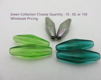 Choose Green Vintage Czech Glass Beads 24x9mm Lantern Beads, Create Jewelry or Sun Catchers Bead  Choose  10, 50, or  150 Beads