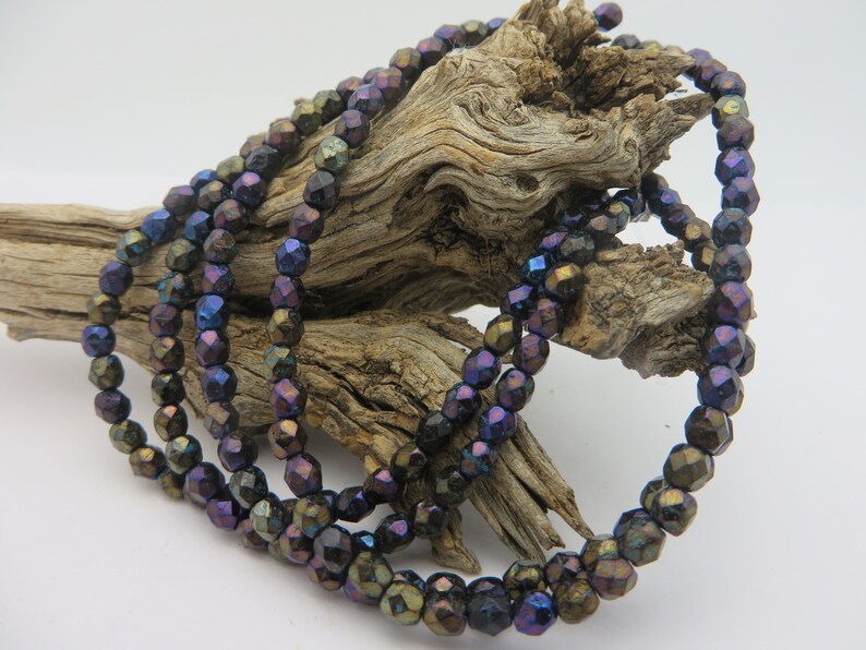50 Bead Strand Luxe CZECH Glass 4mm Faceted Exotic Black with Metallic Shimmer