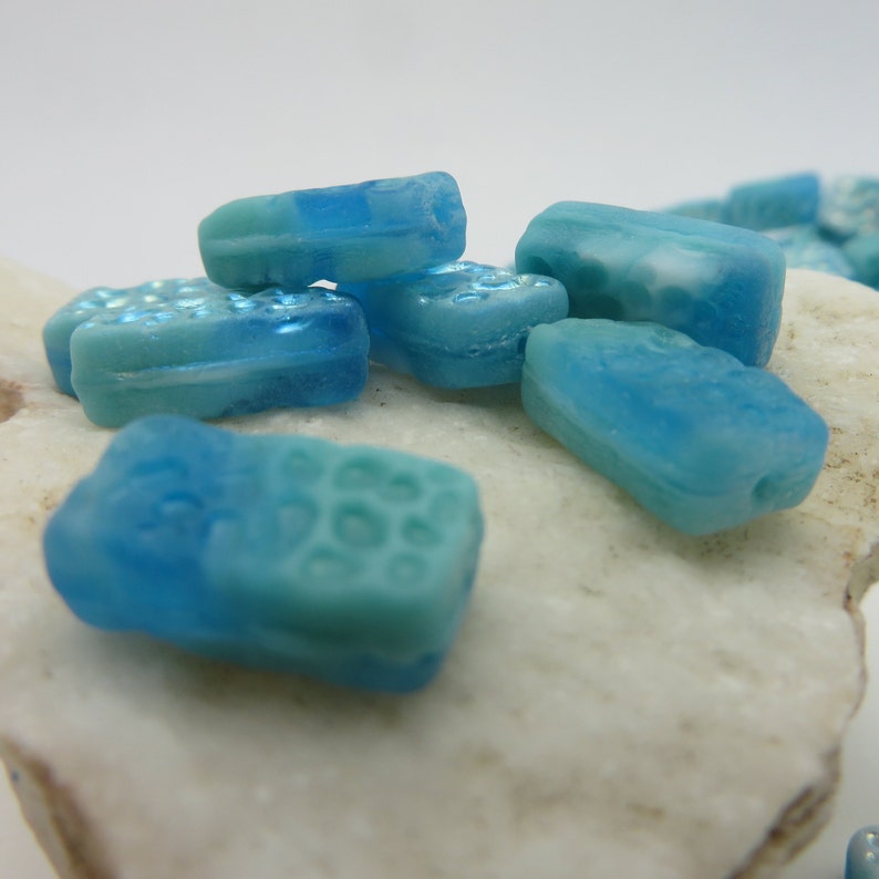 4 Beads Czech Glass Oceanside Mist Matte Glass Beach Beads 14mmx9mmx6mm BricksTiles Mosaic