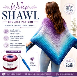 May include: A crochet pattern for a wrap shawl featuring a gradient colour scheme transitioning from purple to white to blue. The design includes a 5.0 mm crochet hook and a ball of Twister yarn. Text includes Wrap Shawl Crochet Pattern.