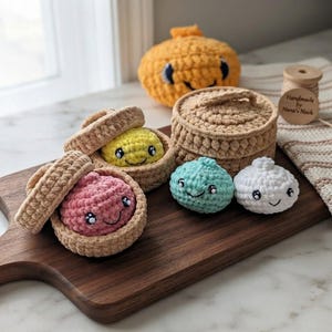 Modèle PDF au crochet pour raviolis et cuiseur vapeur, peluche Bao Bun sans couture, tutoriel amigurumi facile pour débutants, peluche kawaii