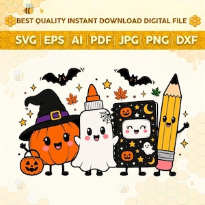 Può includere: Una grafica digitale con una zucca sorridente con cappello da strega, un fantasma a forma di colla, un quaderno a spirale nero con facce di zucca e una matita gialla. Il testo recita BEST QUALITY INSTANT DOWNLOAD DIGITAL FILE SVG EPS AI PDF JPG PNG DXF.