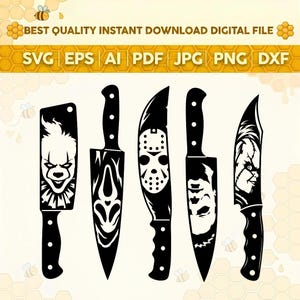 May include: A digital file set featuring five black silhouette knife designs with horror-themed character engravings on the blades, including a clown, a ghost mask, a hockey mask, a monster face, and a doll, labelled SVG, EPS, AI, PDF, JPG, PNG, DXF.