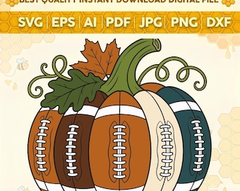 May include: A digital graphic file featuring a pumpkin composed of five footballs in shades of brown, cream, and dark green. The pumpkin is topped with green leaves and a maple leaf. Text reads: BEST QUALITY INSTANT DOWNLOAD DIGITAL FILE SVG EPS AI PDF JPG PNG DXF.