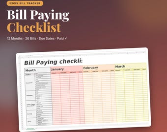 Checklista för fakturabetalning i Excel-mall | 12-månaders fakturahantering | Förfallodatum, betald status | Månatlig fakturaorganisatör | Digital nedladdning
