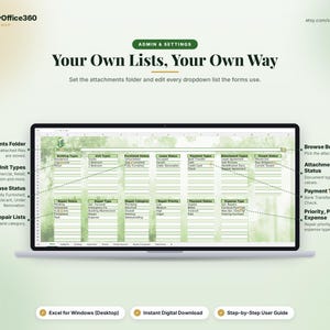 May include: A digital spreadsheet interface for property management titled Admin & Settings: Your Own Lists, Your Own Way. The screen displays various dropdown categories including Building Types, Unit Types, Furnished Status, and Repair Lists.