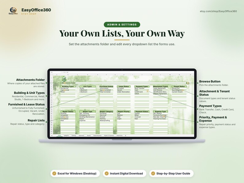 May include: A digital spreadsheet interface for property management titled Admin & Settings: Your Own Lists, Your Own Way. The screen displays various dropdown categories including Building Types, Unit Types, Furnished Status, and Repair Lists.