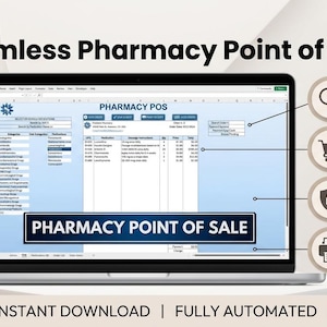 May include: A laptop screen displays a Pharmacy Point of Sale spreadsheet interface with columns for medication, dosage, and price. To the right, four circular icons highlight features: Quick Medication Search, Real-Time Order Creation, Secure Transactions, and Printable Receipts.