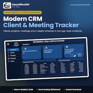 以下が含まれることがあります： Modern CRM Client & Meeting TrackerというタイトルのデジタルExcelテンプレート。インターフェースは、プロジェクト、会議、顧客データ用のセクションを備えたダークブルーのダッシュボードを表示しています。テキストにはModern CRM ApplicationやDashboardなどが含まれています。