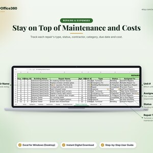 May include: A digital spreadsheet template for property maintenance and expenses displayed on a laptop screen. The interface includes columns for repair name, unit number, type, status, and assigned contractor. Text includes 'Stay on Top of Maintenance and Costs'.