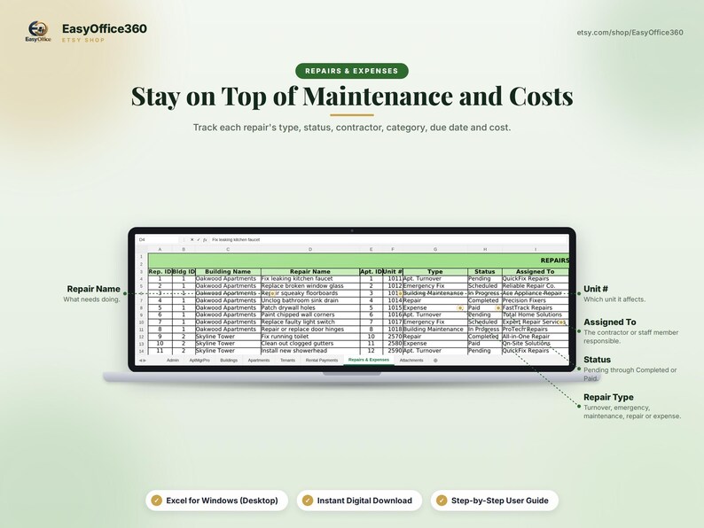May include: A digital spreadsheet template for property maintenance and expenses displayed on a laptop screen. The interface includes columns for repair name, unit number, type, status, and assigned contractor. Text includes 'Stay on Top of Maintenance and Costs'.