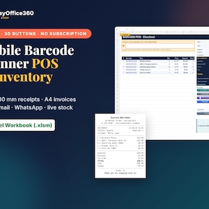 May include: A digital Excel workbook for mobile barcode scanner POS and inventory management. The interface displays a checkout screen with itemized lists, pricing, and a sample receipt showing a total of $40.71. Features include 80 mm receipt and A4 invoice generation.