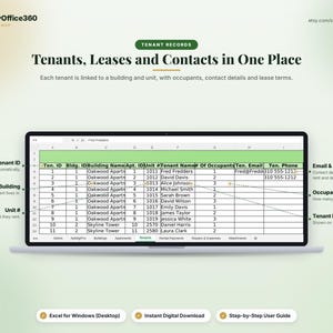 May include: A digital spreadsheet template displayed on a laptop screen titled Tenants, Leases and Contacts in One Place. The table includes columns for Tenant ID, Building Name, Unit number, Tenant Name, Occupants, Email, and Phone for property management.