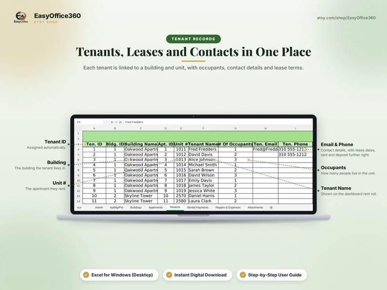 May include: A digital spreadsheet template displayed on a laptop screen titled Tenants, Leases and Contacts in One Place. The table includes columns for Tenant ID, Building Name, Unit number, Tenant Name, Occupants, Email, and Phone for property management.
