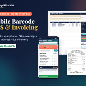 May include: A digital mobile barcode POS and invoicing system displayed on a smartphone screen, a computer monitor, and a printed 80 mm receipt. The interface features text including Mobile Barcode POS & Invoicing and Google Sheets File.