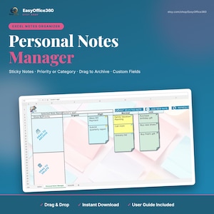 Könnte beinhalten: Eine digitale Excel-Tabellenoberfläche für einen Personal Notes Manager mit Spalten für dringende, hohe, normale und niedrige Prioritäten. Das Layout enthält interaktive Haftnotizen, Bereiche zum Archivieren oder Löschen per Drag-and-Drop sowie Schaltflächen zum Bearbeiten, Hinzufügen und Aktualisieren.