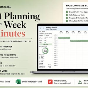 May include: A digital weekly planner displayed on a laptop screen, featuring task details, time blocks, and a progress tracker. The interface includes text such as Start Planning Your Week in Minutes, Easyoffice360, and Your Complete Planner.