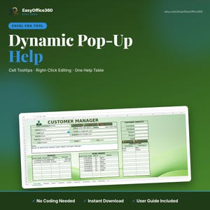 Könnte beinhalten: Ein Excel VBA-Tool für dynamische Pop-up-Hilfe mit einer Kundenmanagement-Oberfläche, die Felder für Kontaktdaten, Rechnungen und Arbeitsaufträge enthält. Die digitale Anzeige umfasst Textbeschriftungen wie Customer Manager und Contact List.