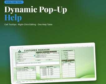 Excel Popup-hjälpsystem VBA-mall | Verktygstips och instruktioner för celler | Högerklicksredigering | Inkluderar demoapp | Digital nedladdning