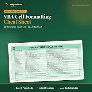 以下が含まれることがあります： VBA Cell Formatting Cheat SheetというタイトルのExcel VBAチートシート。22個のコマンド、ライブデモ、カラーインデックスチャートを含む表が記載されています。文書には、書式設定タイプ、VBAコード、説明の列が薄緑色の背景上に表示されています。