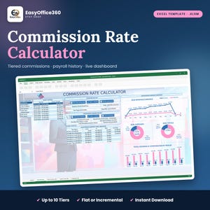 Peut inclure: Un modèle Excel de calculateur de taux de commission numérique présentant un tableau de bord avec des listes de paie, des tableaux de gains, des graphiques linéaires de revenus et des diagrammes circulaires sur fond bleu foncé.
